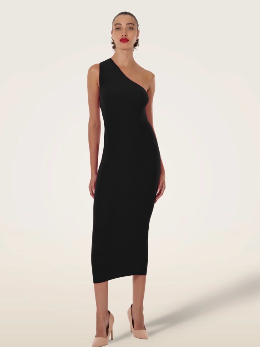 Seven Sisters Black One Shoulder Ruched Midi Dress Minimalist S